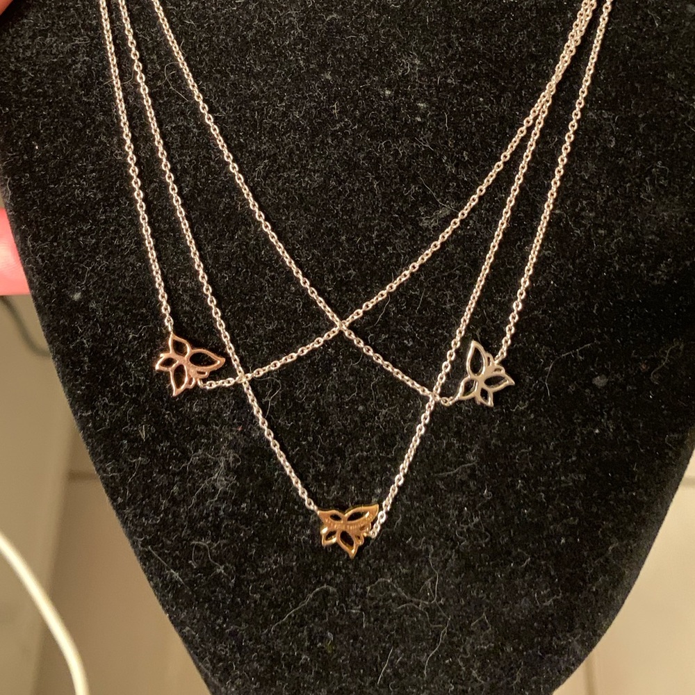 Tri color triple strand butterfly necklace